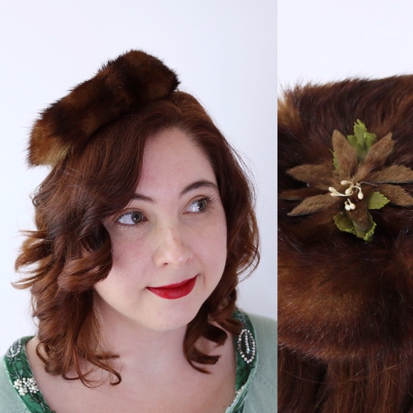 Vintage 50s Mink Fascinator Head Piece Hat Holiday